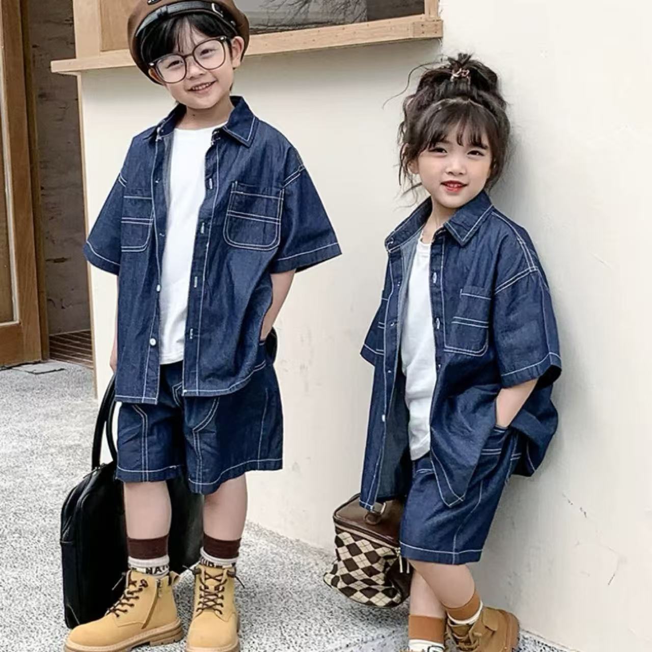親子ペアルック 薄手デニムシャツ＆ショートパンツ リンクコーデセット