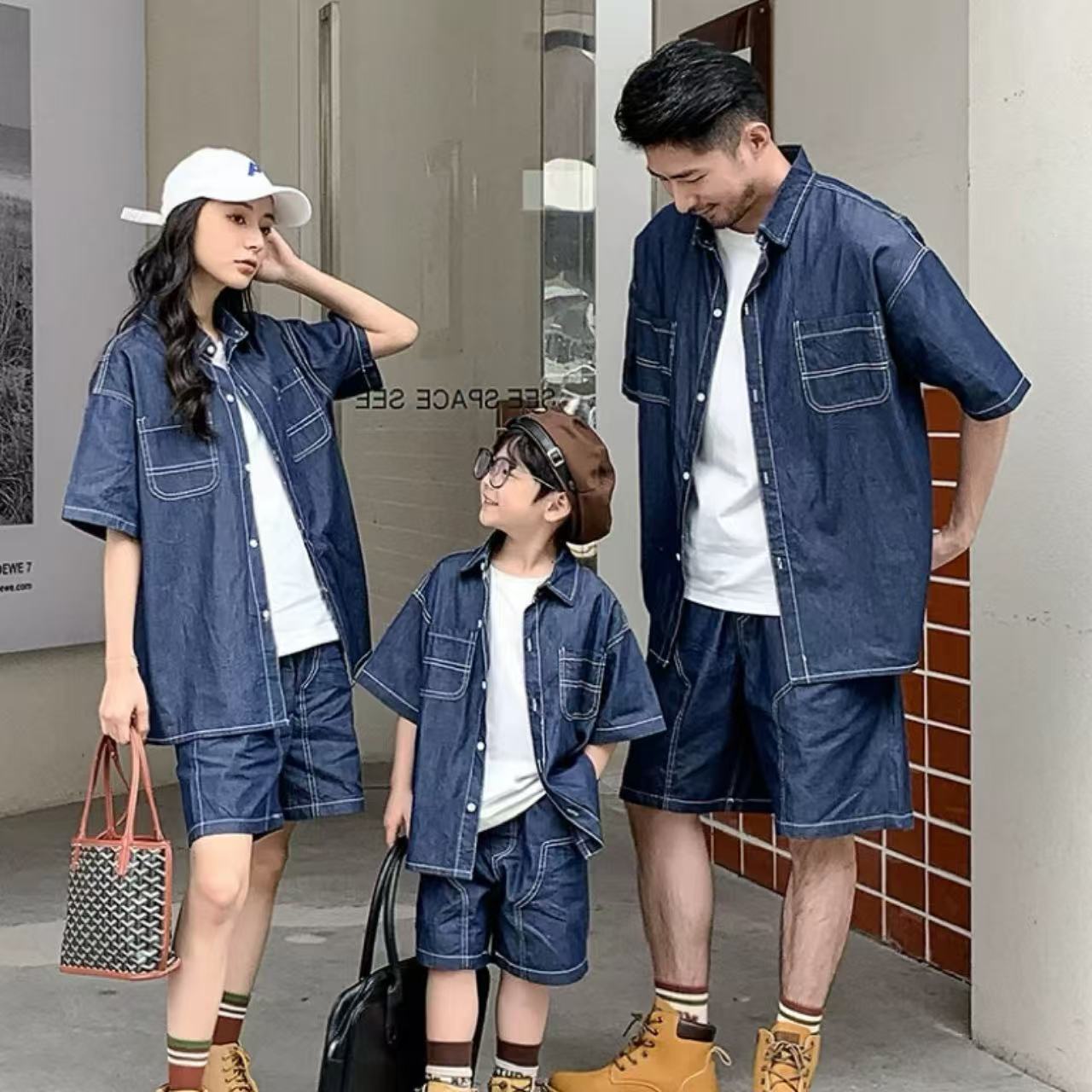 親子ペアルック 薄手デニムシャツ＆ショートパンツ リンクコーデセット