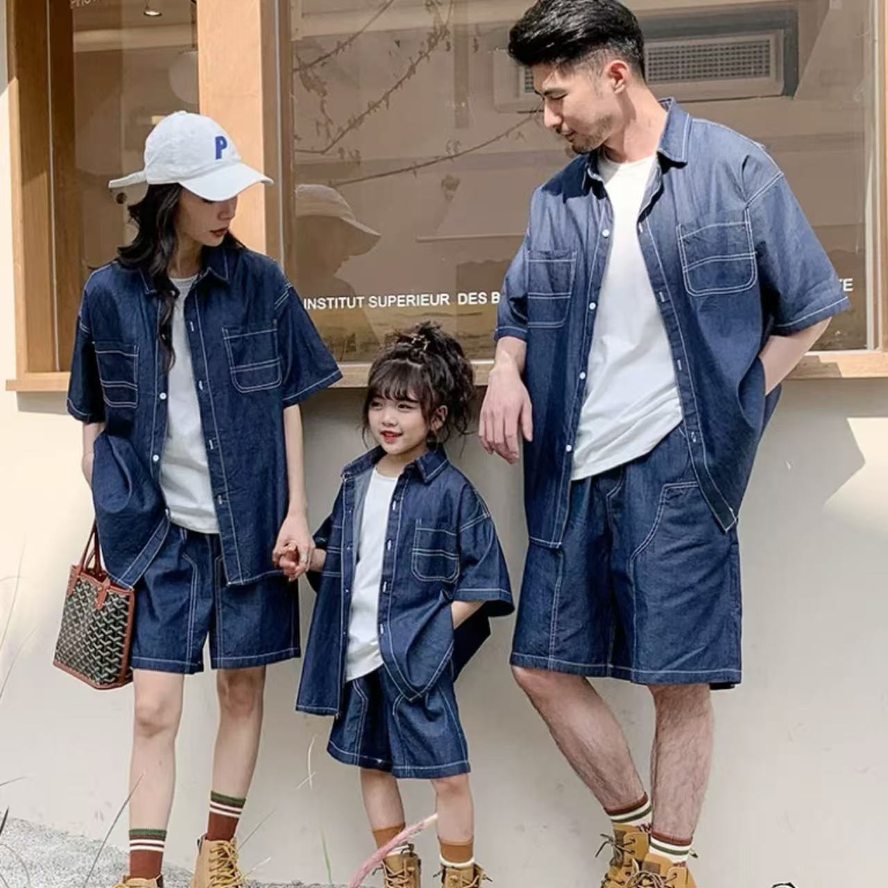 親子ペアルック 薄手デニムシャツ＆ショートパンツ リンクコーデセット