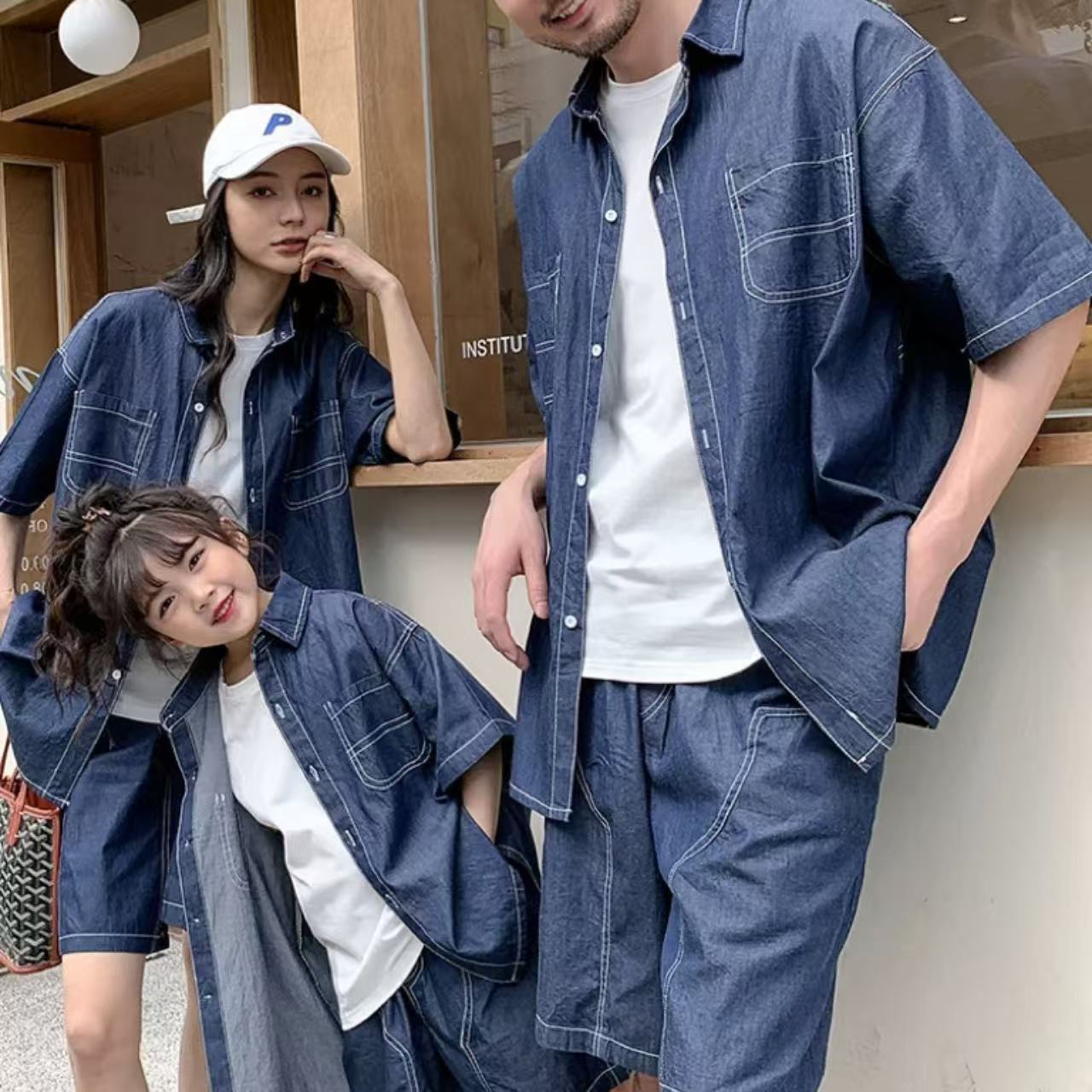 親子ペアルック 薄手デニムシャツ＆ショートパンツ リンクコーデセット