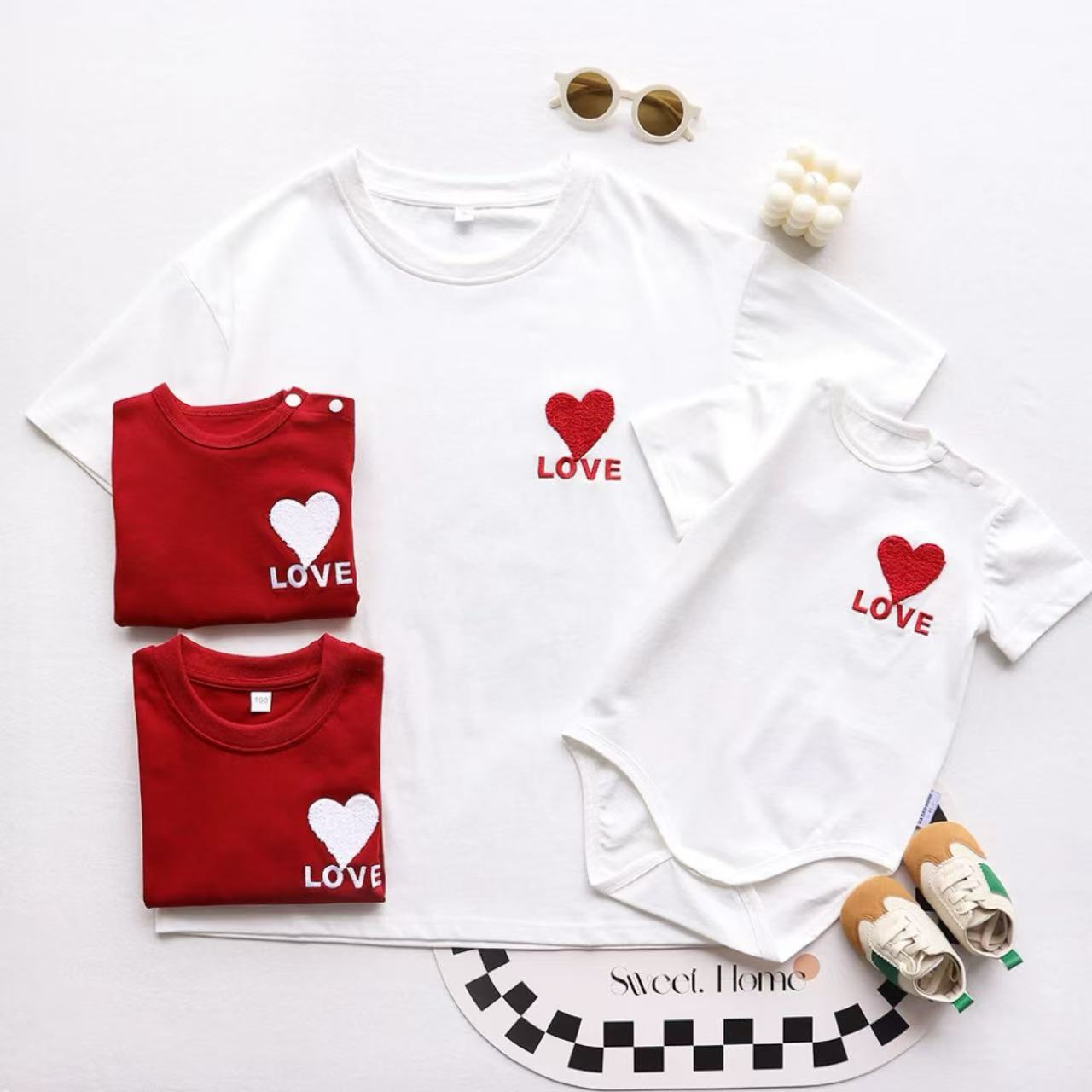 親子ペアルック ハートモチーフ リンクTシャツ＆ロンパース