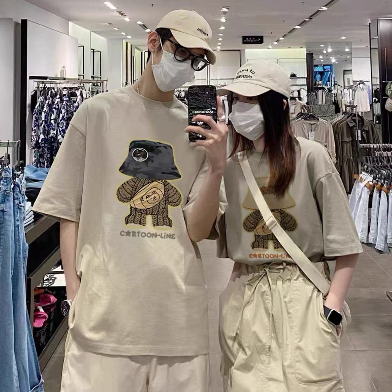 カップルペアルック 帽子ベアーデザイン 高級感Tシャツ【2点セット】