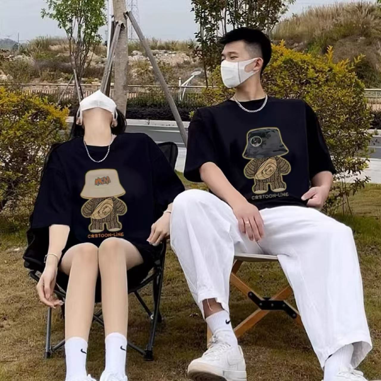 カップルペアルック 帽子ベアーデザイン 高級感Tシャツ【2点セット】