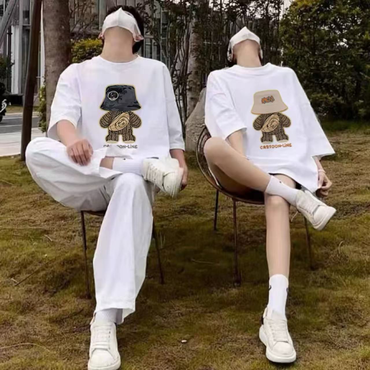 カップルペアルック 帽子ベアーデザイン 高級感Tシャツ【2点セット】