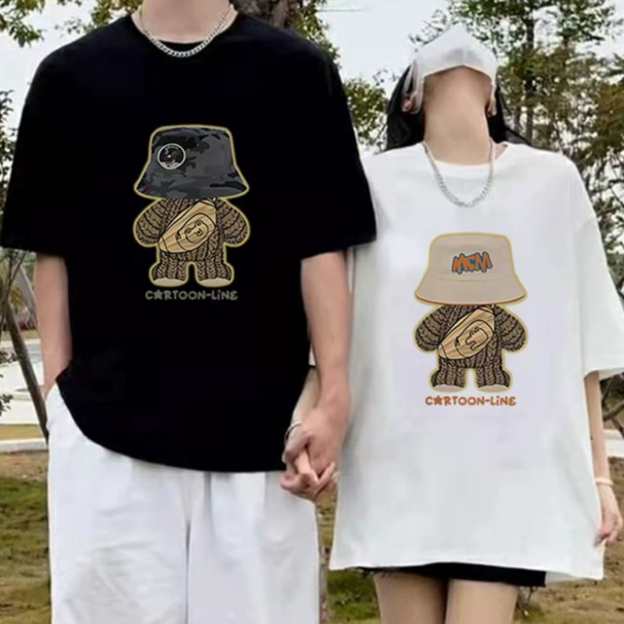 カップルペアルック 帽子ベアーデザイン 高級感Tシャツ【2点セット】