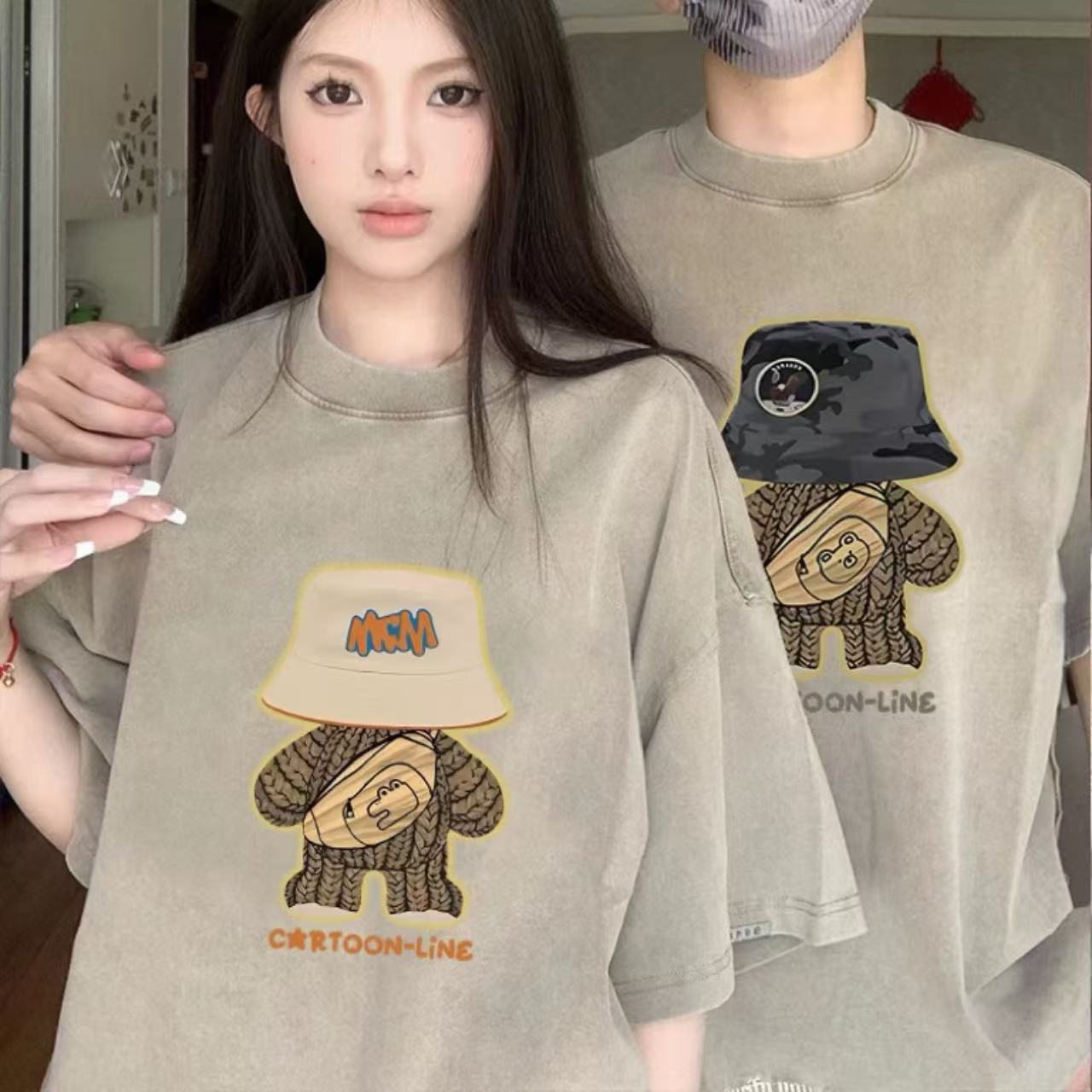カップルペアルック 帽子ベアーデザイン 高級感Tシャツ【2点セット】