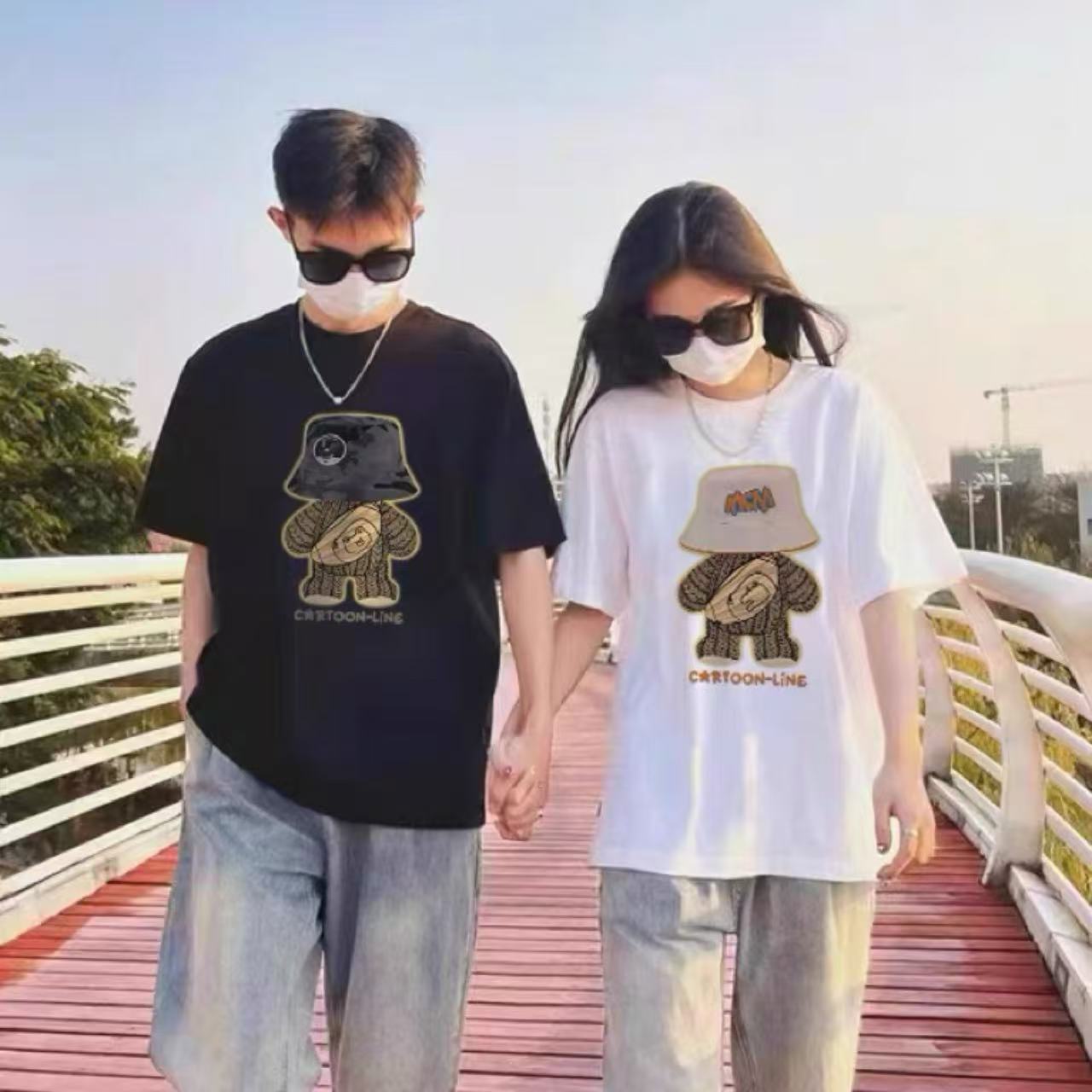 カップルペアルック 帽子ベアーデザイン 高級感Tシャツ【2点セット】