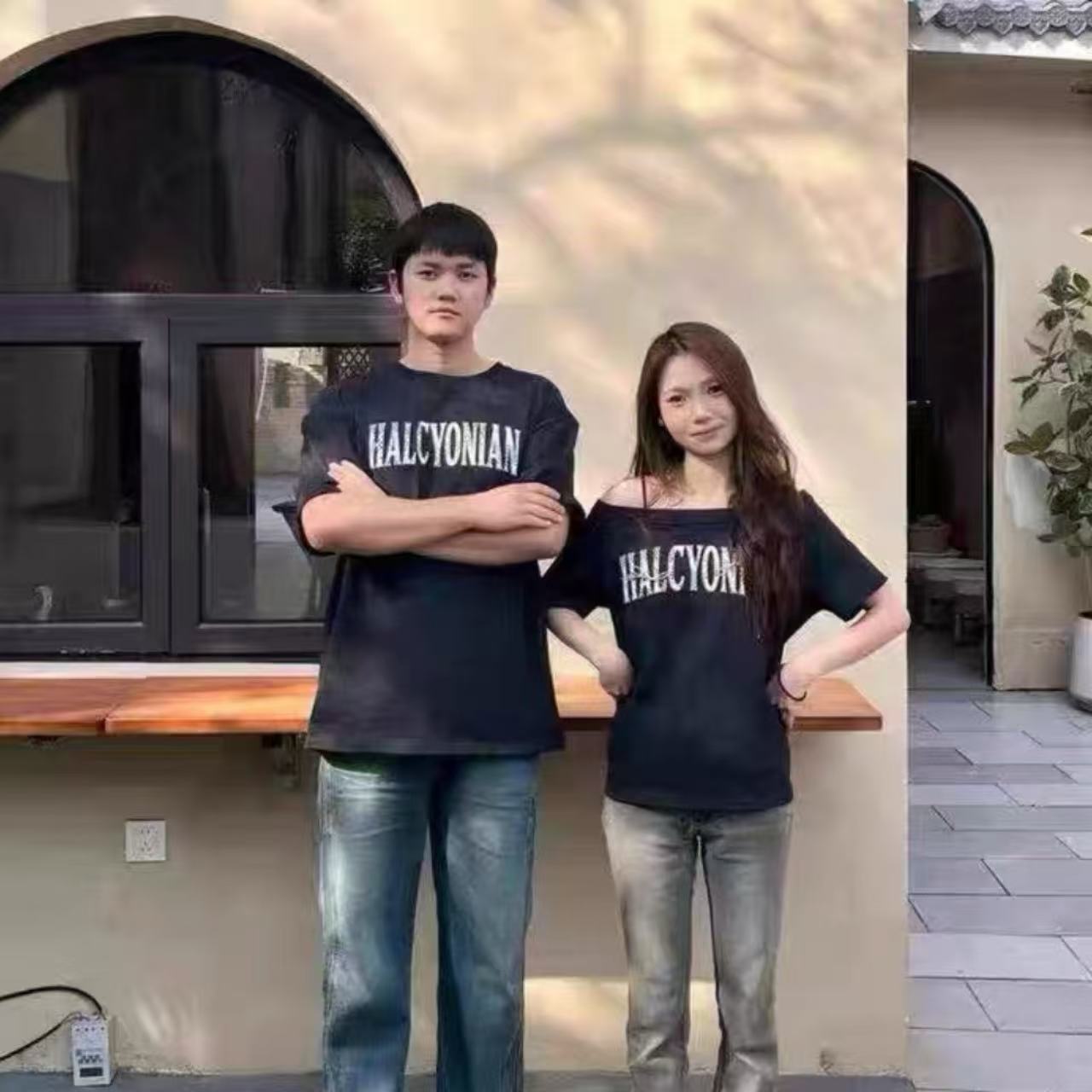 カップルペアルック ワンショル×アルファベットプリントTシャツセット