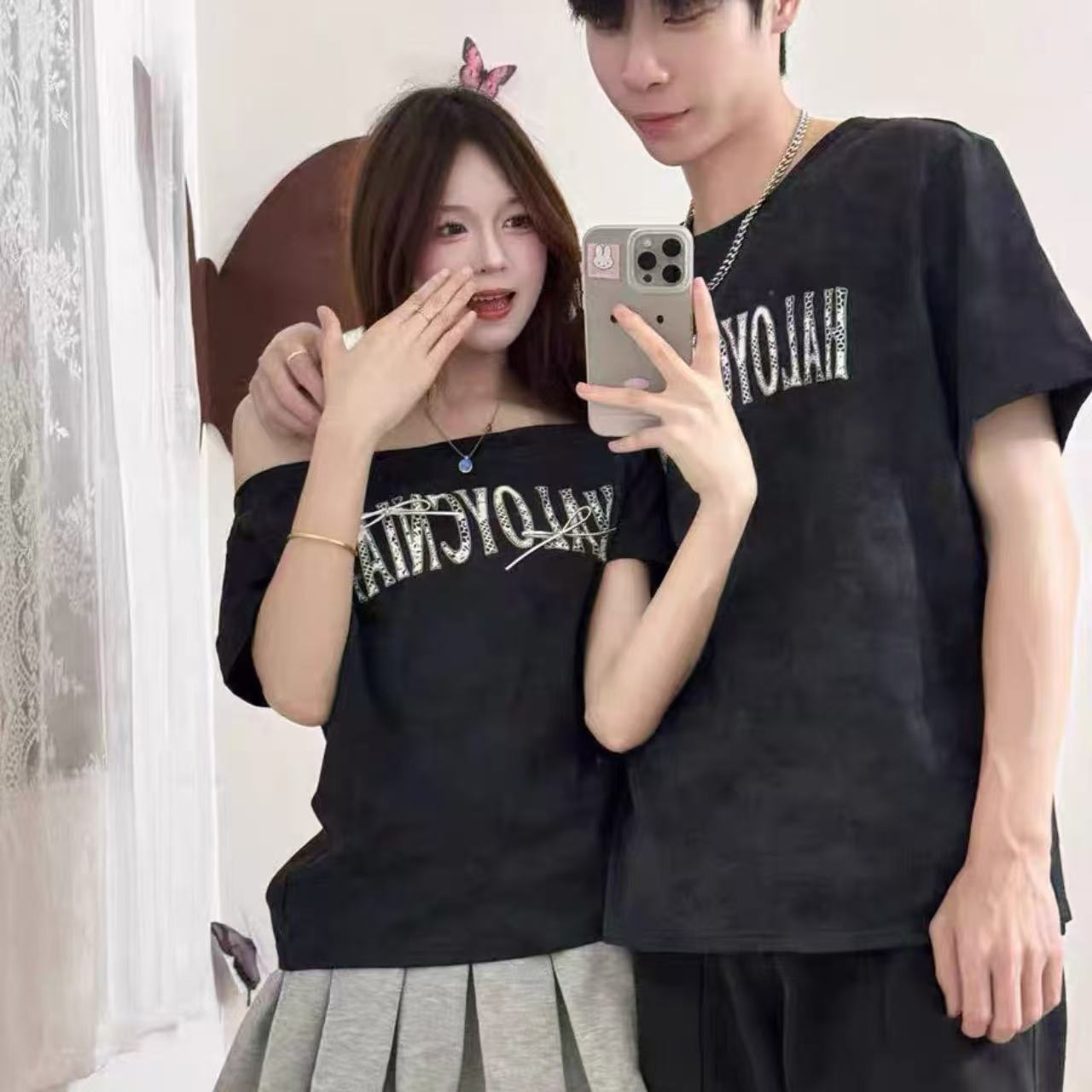 カップルペアルック ワンショル×アルファベットプリントTシャツセット