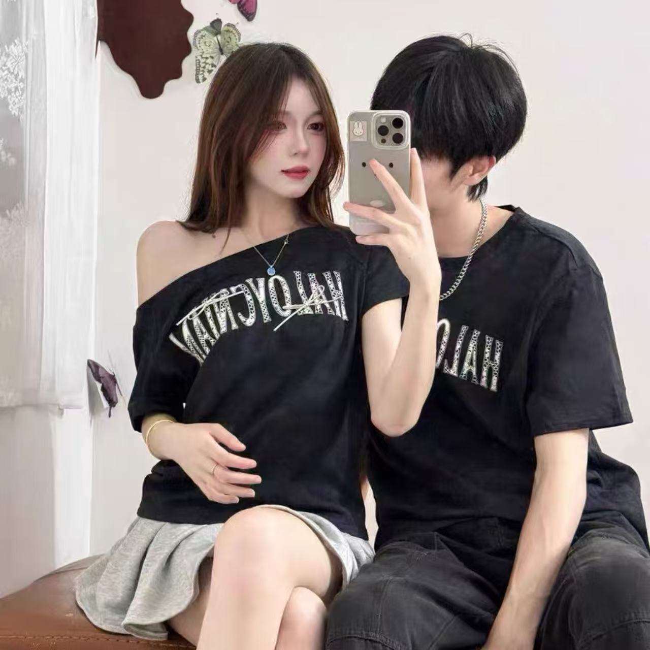 カップルペアルック ワンショル×アルファベットプリントTシャツセット