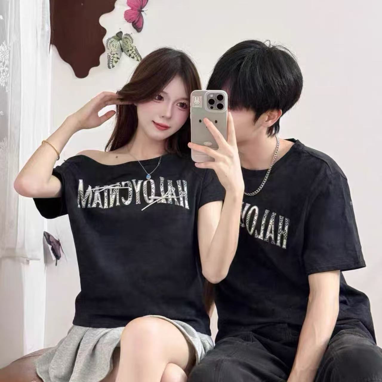 カップルペアルック ワンショル×アルファベットプリントTシャツセット