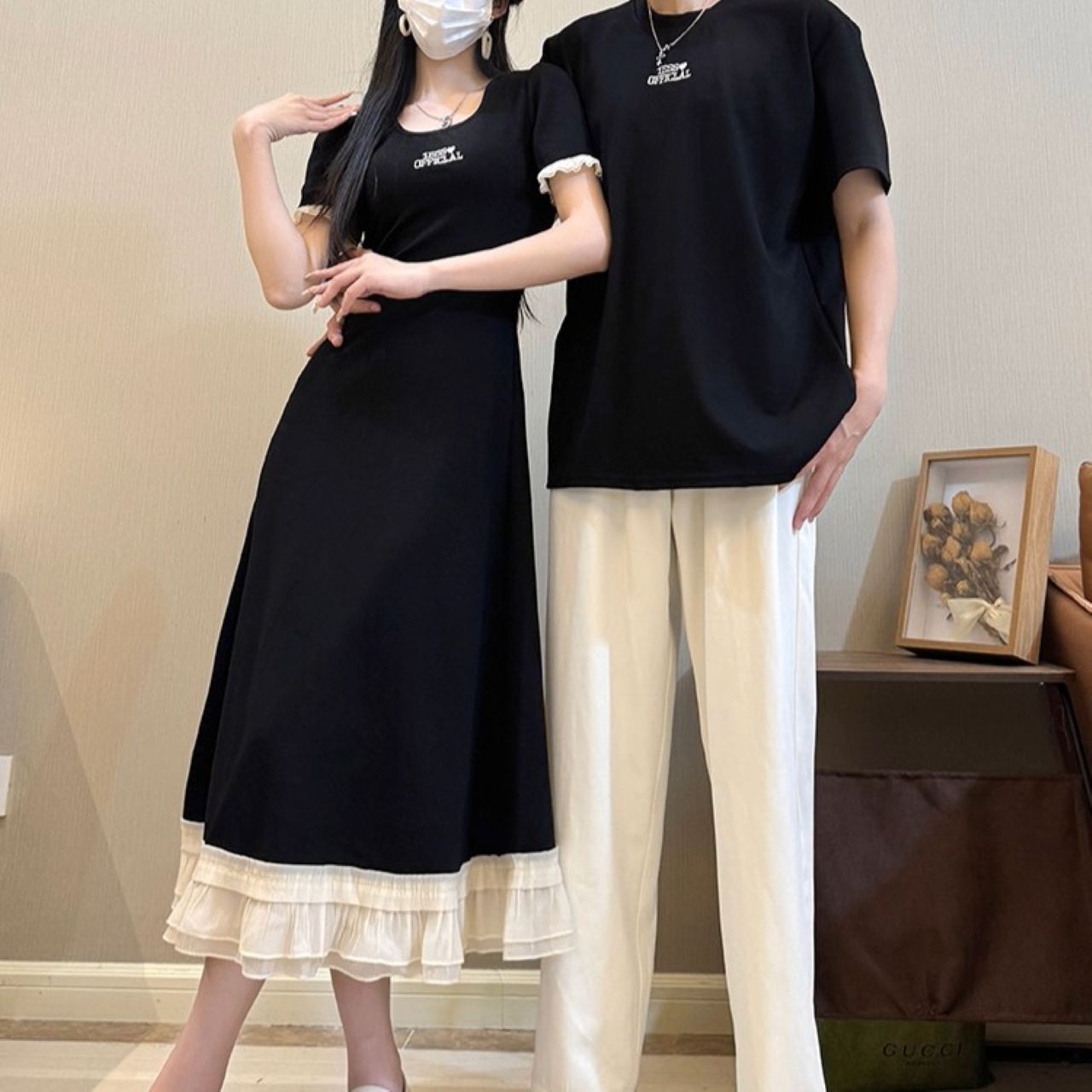 カップルペアルック フレンチ感ただようロングワンピース＆Tシャツ
