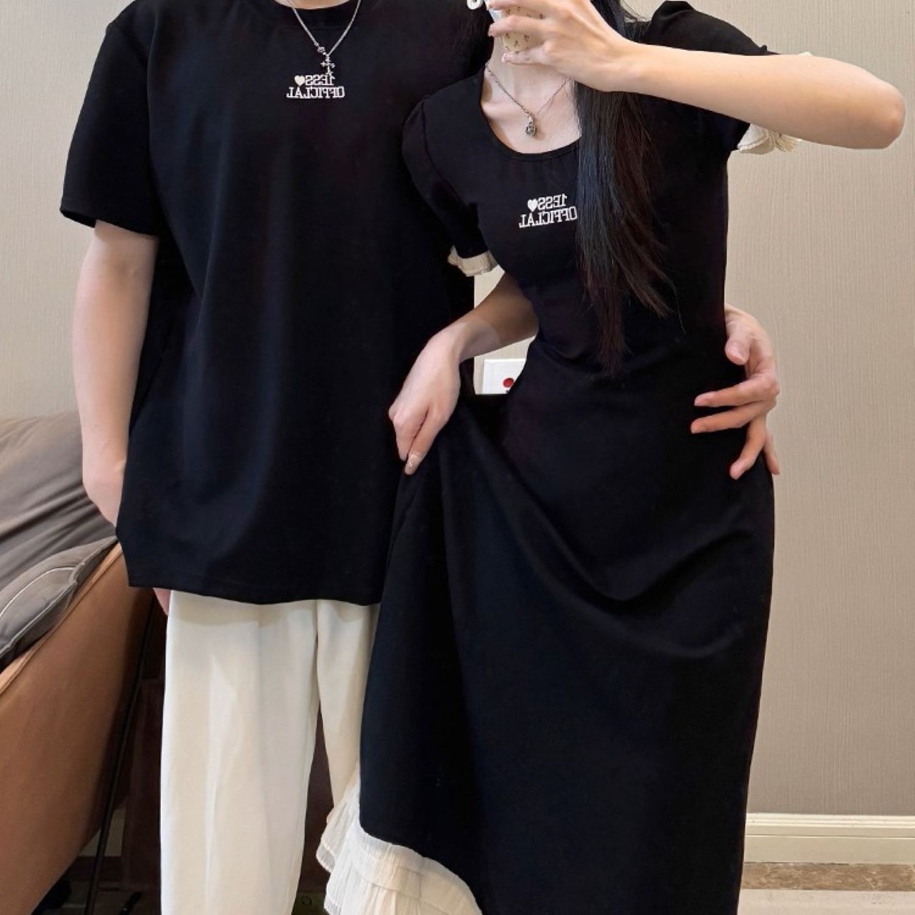 カップルペアルック フレンチ感ただようロングワンピース＆Tシャツ