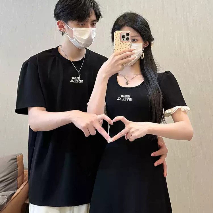 カップルペアルック フレンチ感ただようロングワンピース＆Tシャツ