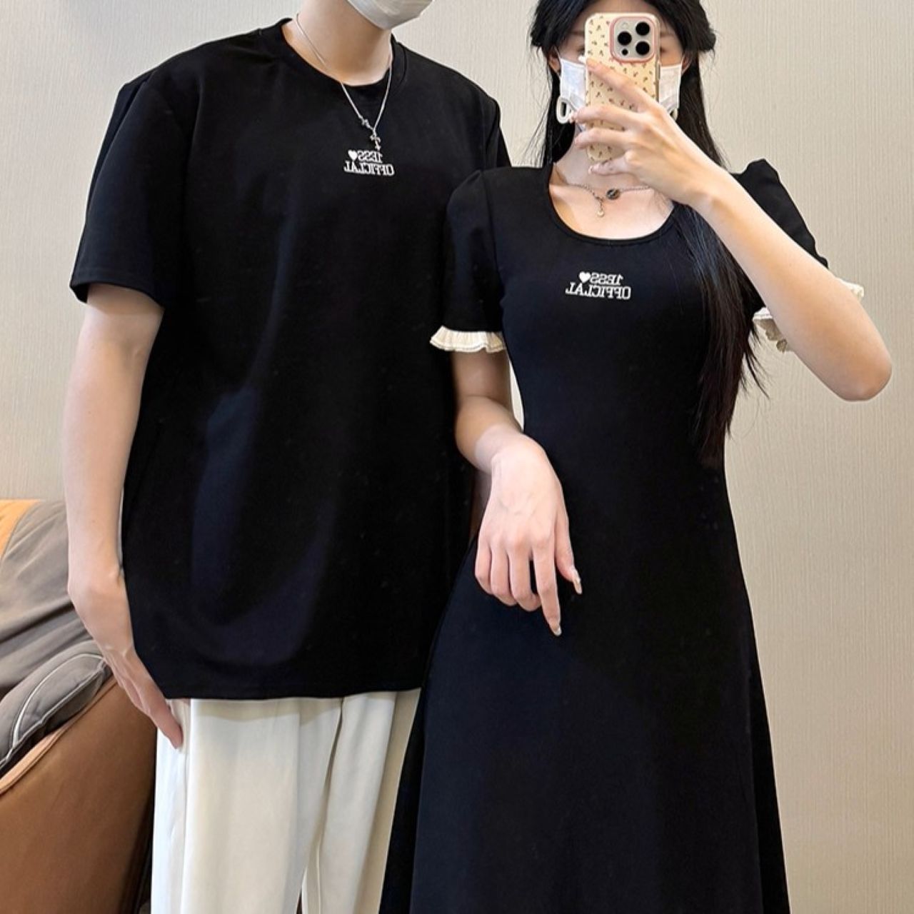 カップルペアルック フレンチ感ただようロングワンピース＆Tシャツ