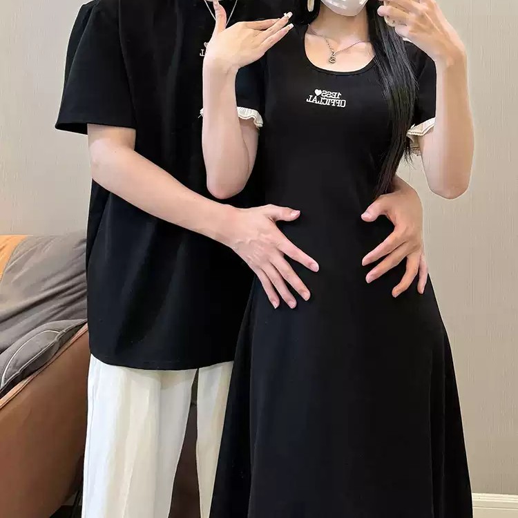 カップルペアルック フレンチ感ただようロングワンピース＆Tシャツ