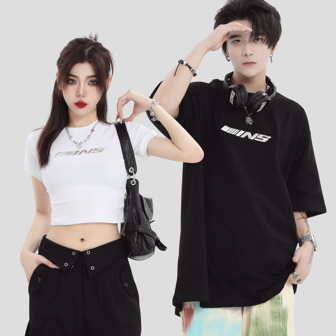 カップルペアルック【INSstudios】メタリックロゴTシャツ