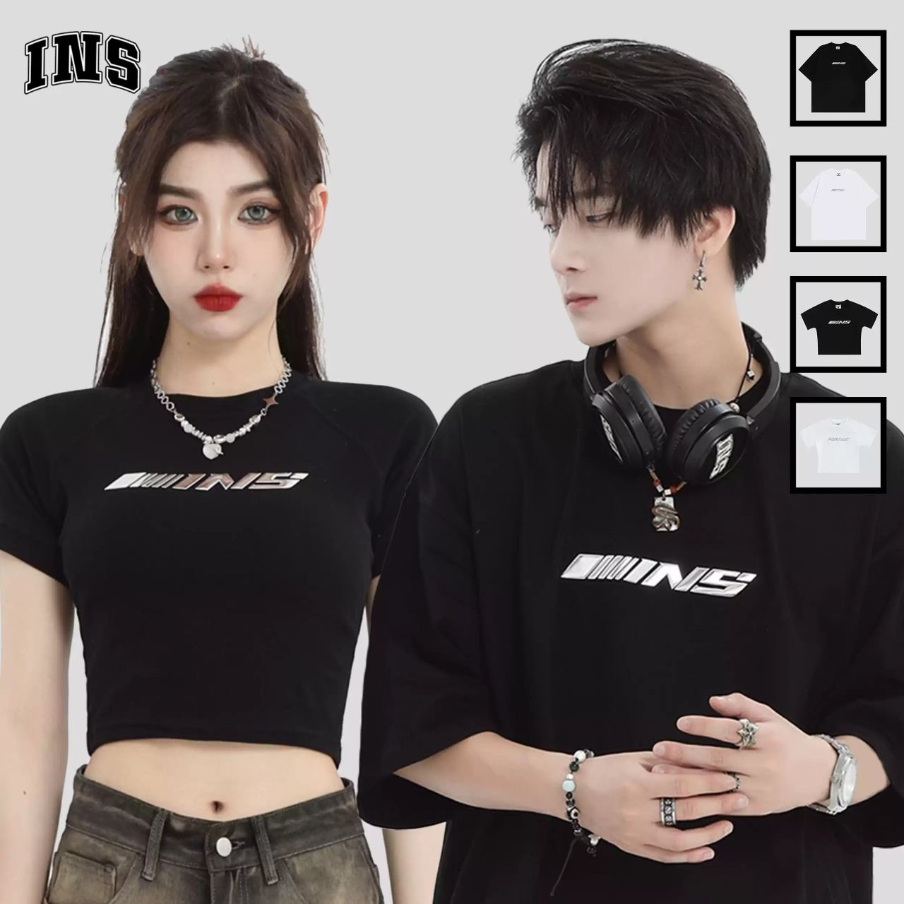 カップルペアルック【INSstudios】メタリックロゴTシャツ