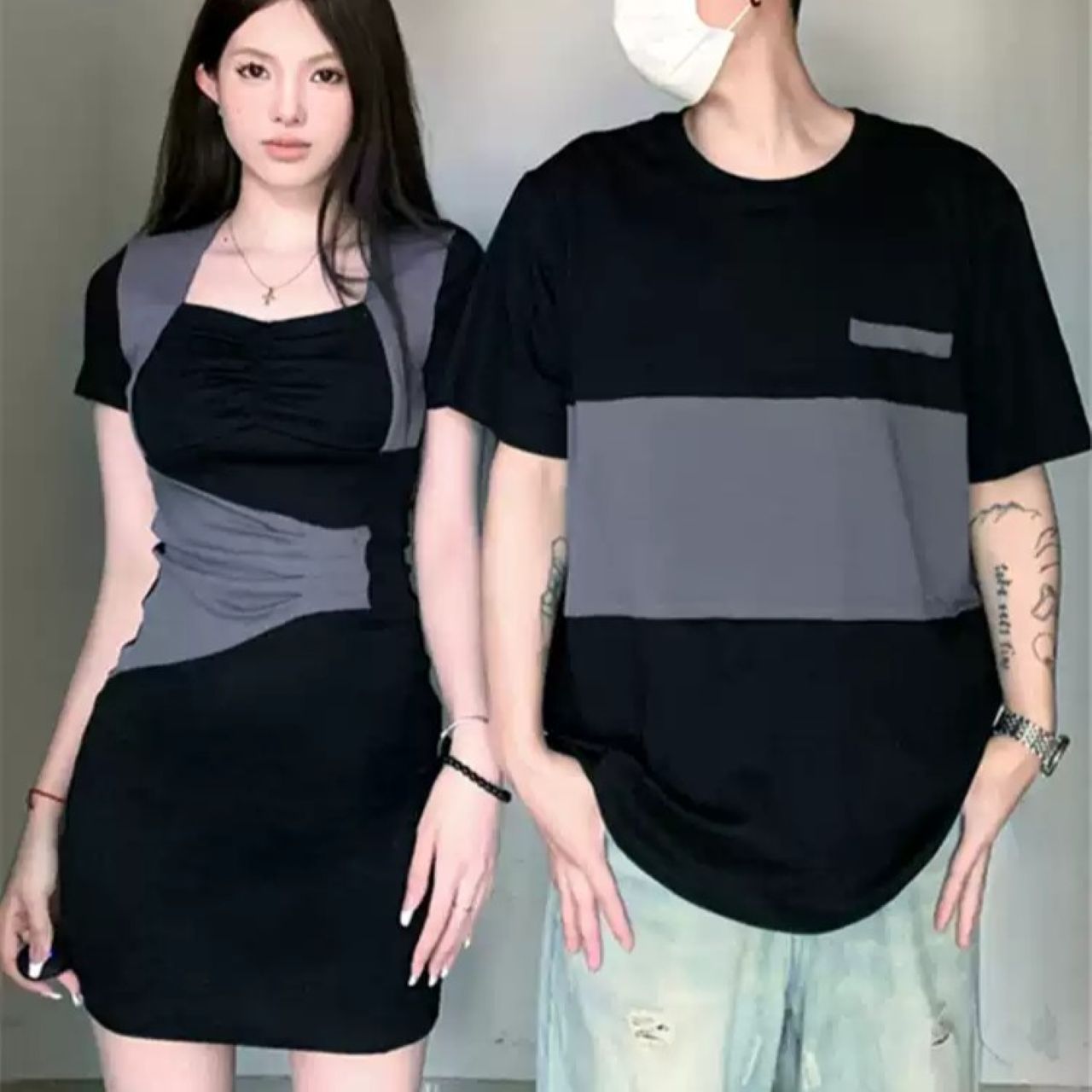カップルペアルック 細見えTシャツ&ワンピース