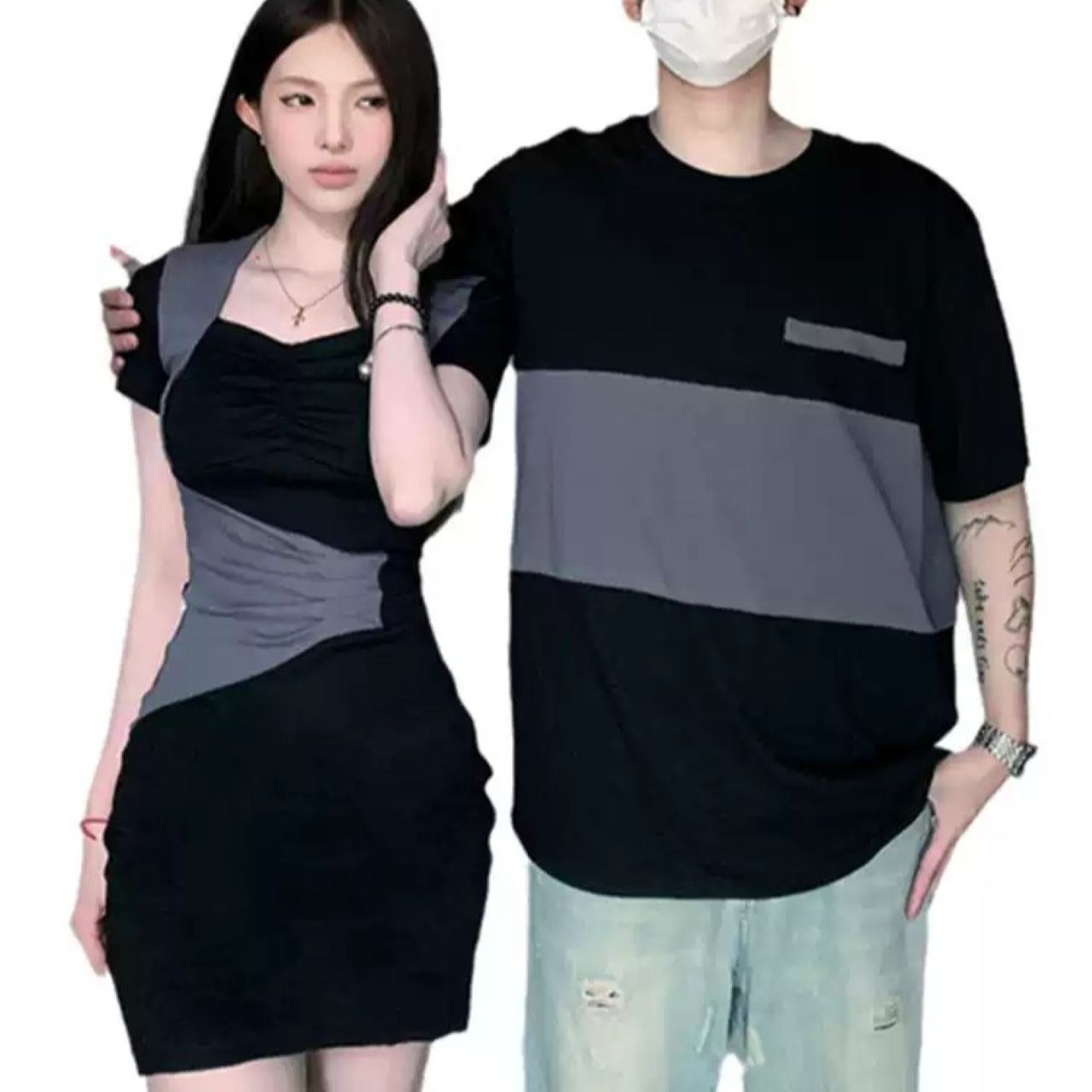 カップルペアルック 細見えTシャツ&ワンピース