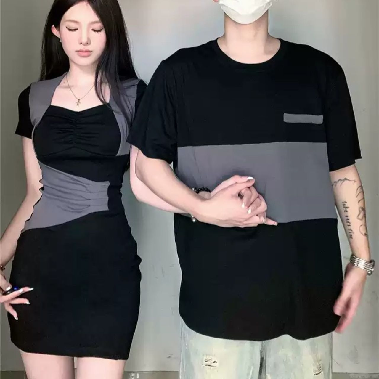 カップルペアルック 細見えTシャツ&ワンピース