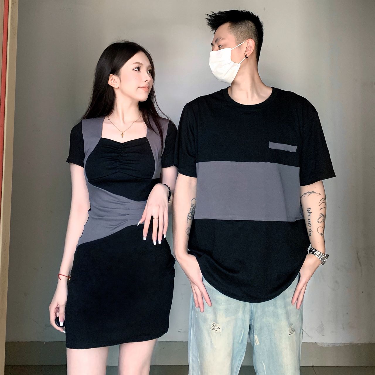カップルペアルック 細見えTシャツ＆ワンピース