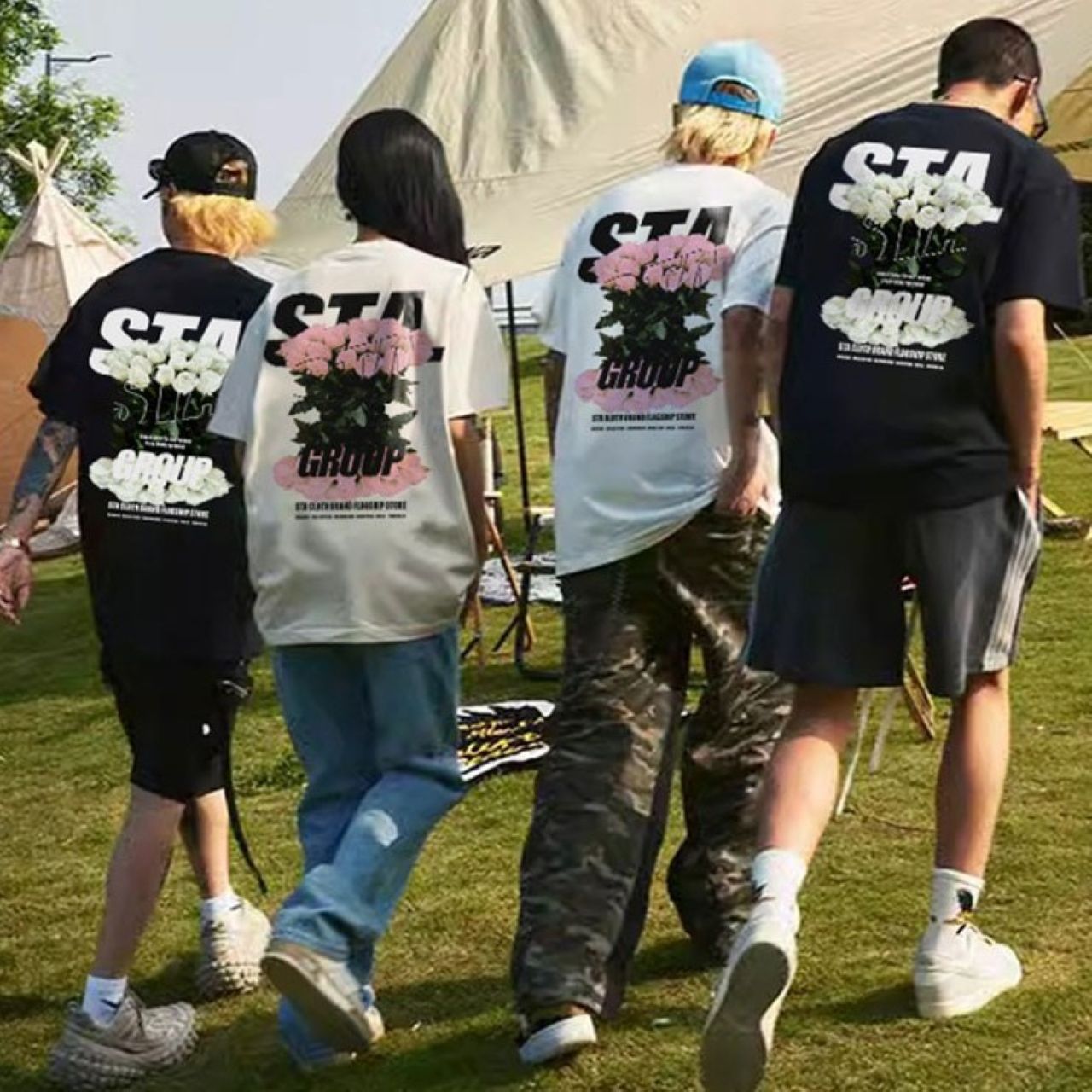 カップルペアルック 【STA】花柄プリント ヘビーウェイトコットンTシャツ