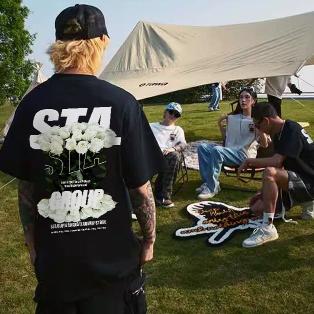 カップルペアルック 【STA】花柄プリント ヘビーウェイトコットンTシャツ
