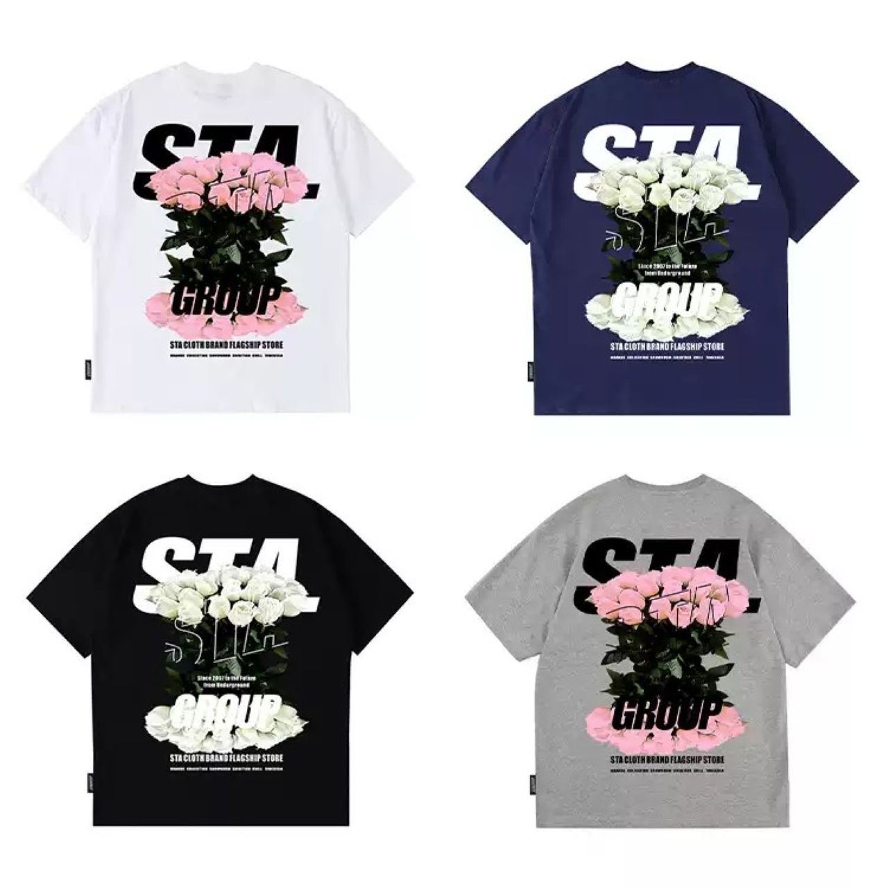カップルペアルック 【STA】花柄プリント ヘビーウェイトコットンTシャツ