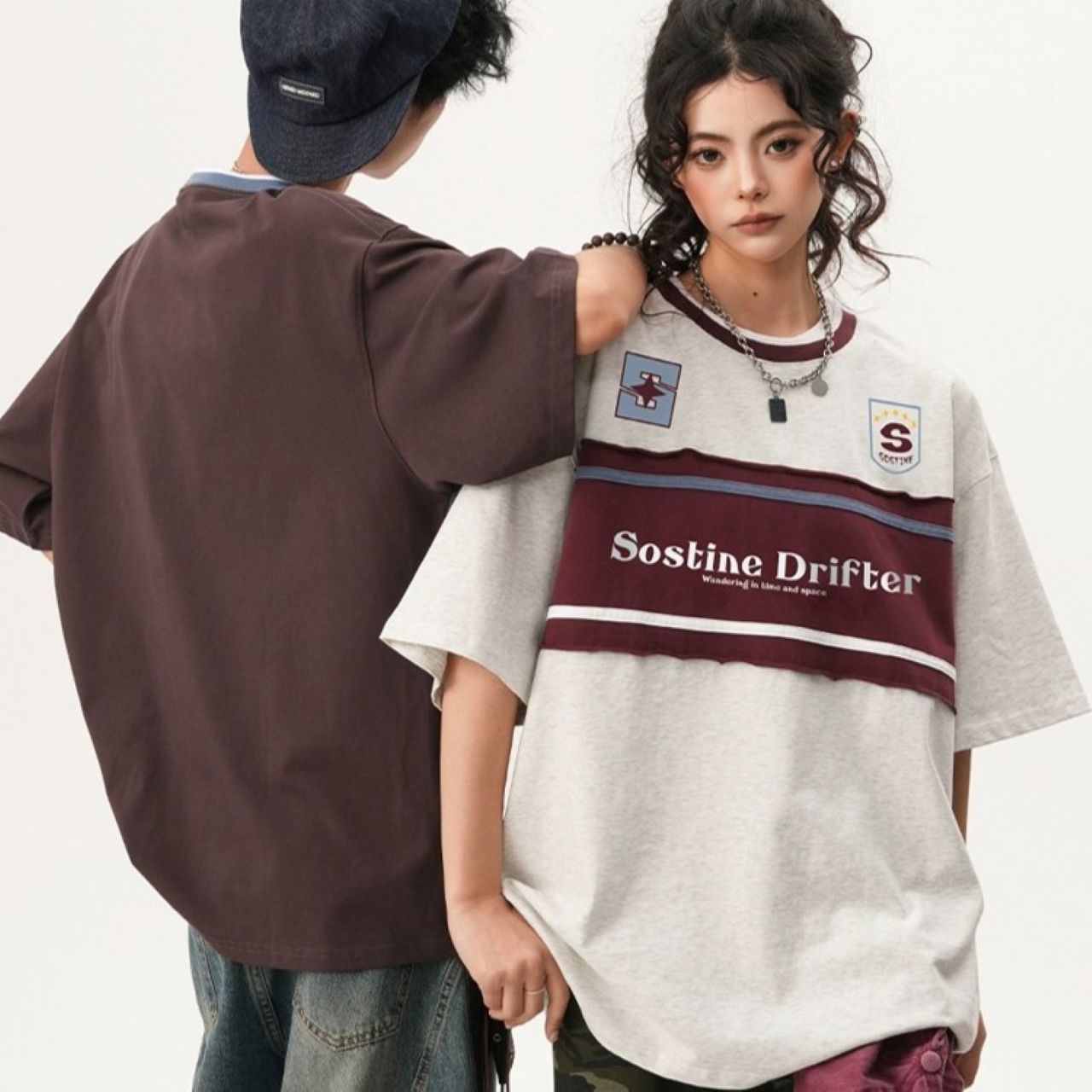 カップルペアルック スポーティーカジュアル カラーブロックTシャツ