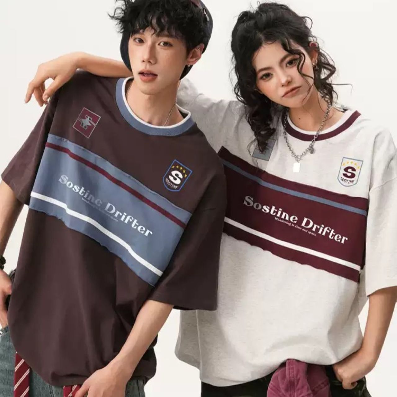 カップルペアルック スポーティーカジュアル カラーブロックTシャツ