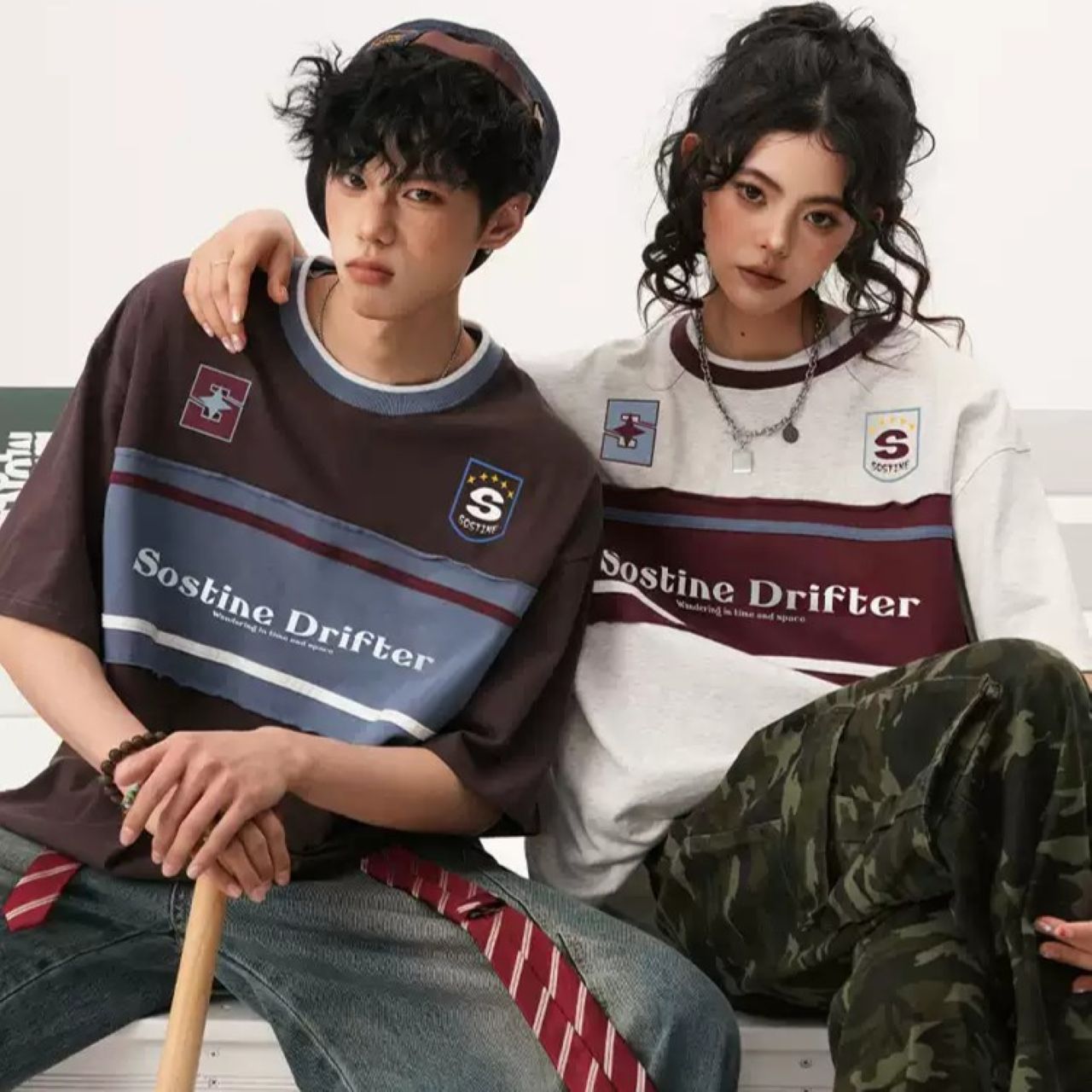カップルペアルック スポーティーカジュアル カラーブロックTシャツ