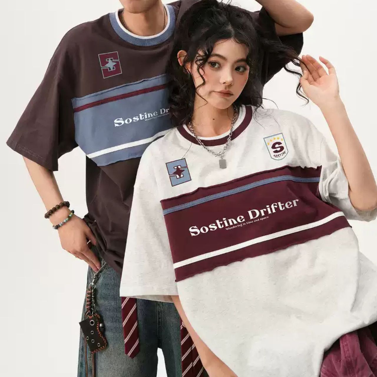 カップルペアルック スポーティーカジュアル カラーブロックTシャツ
