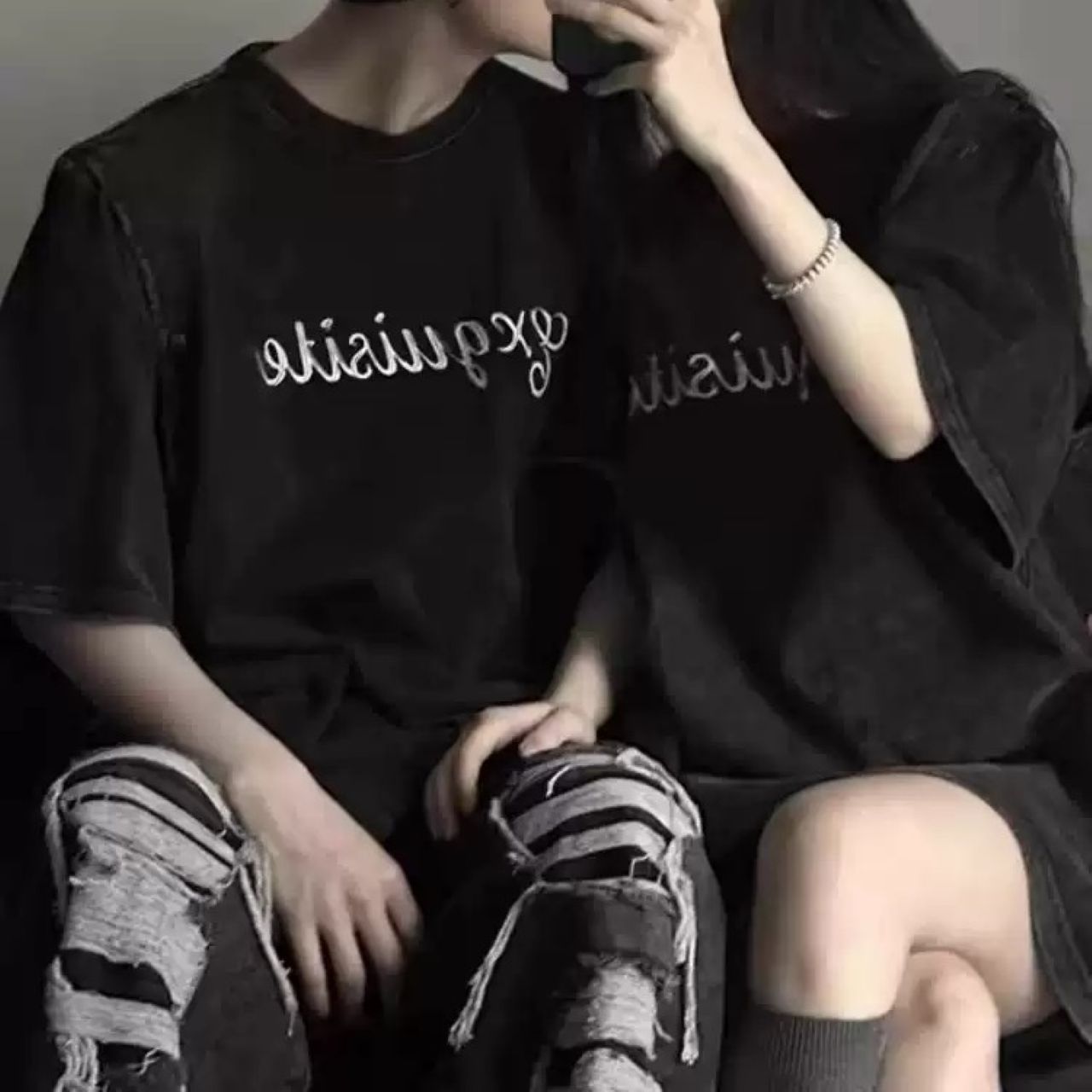 カップルペアルックウォッシュド加工 ヴィンテージ風Tシャツセット