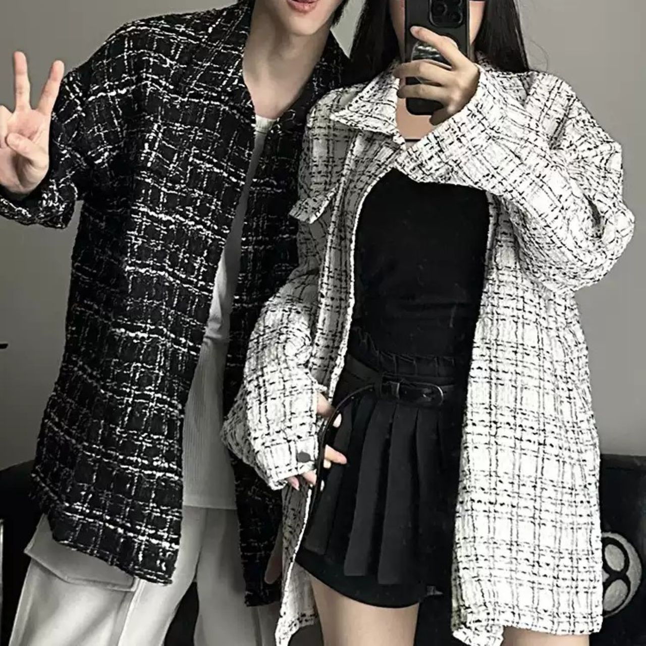 カップルペアルック ゆったりチェック柄シャツジャケット