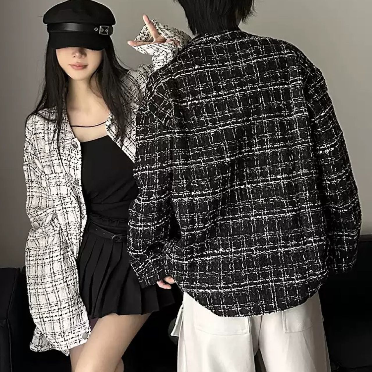 カップルペアルック ゆったりチェック柄シャツジャケット