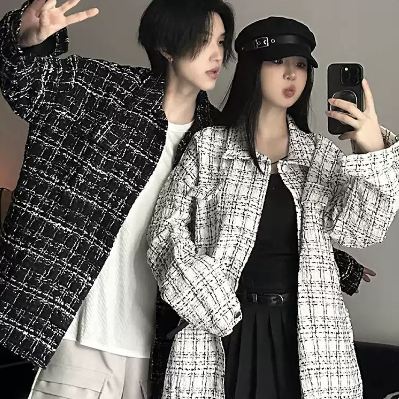 カップルペアルック ゆったりチェック柄シャツジャケット