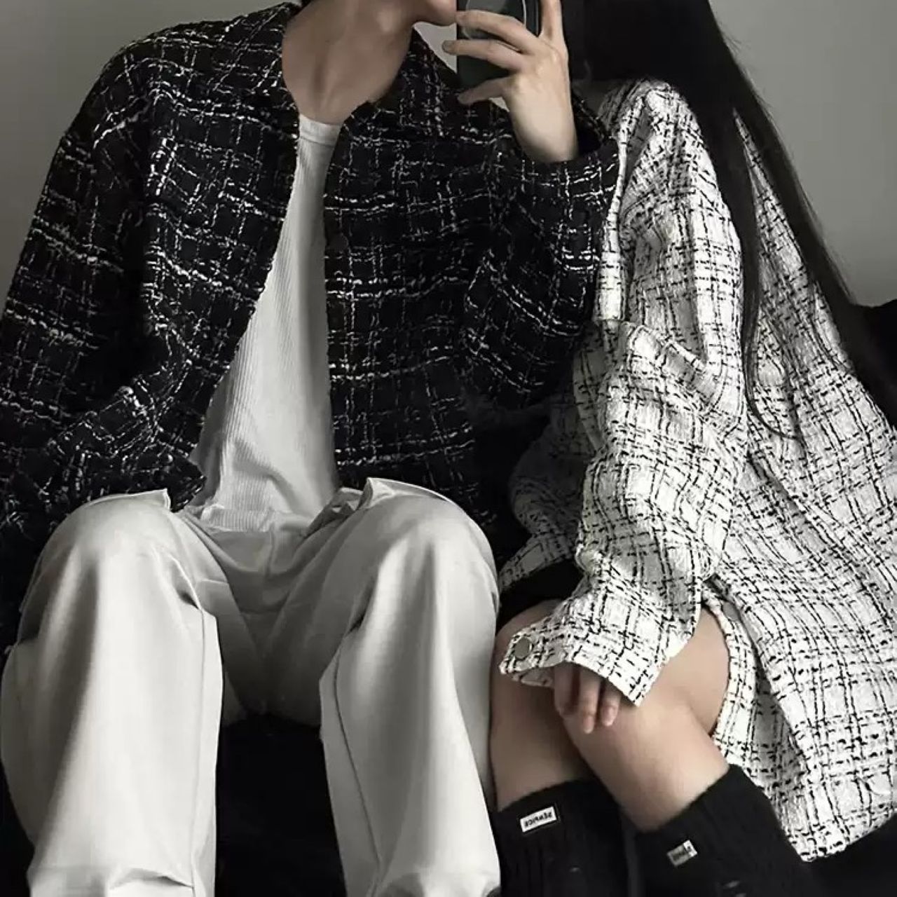 カップルペアルック ゆったりチェック柄シャツジャケット