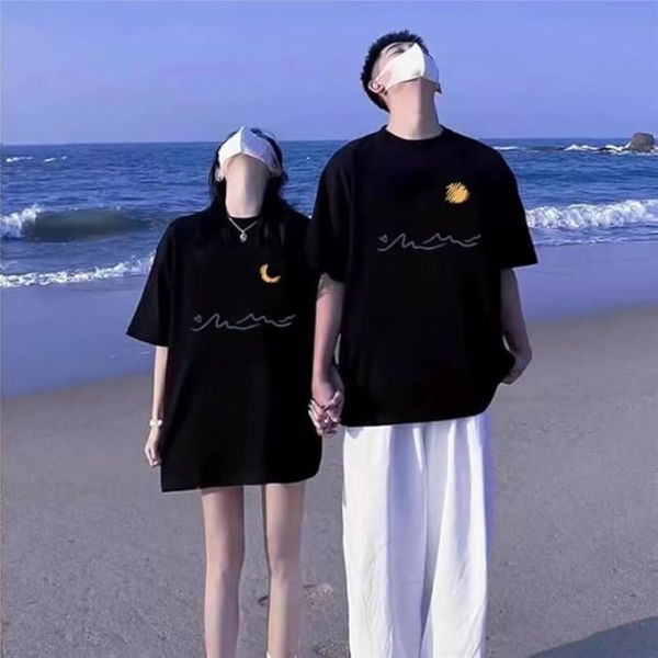 【2点セット】カップルペアルック 月夜の波を描くロマンティックTシャツ