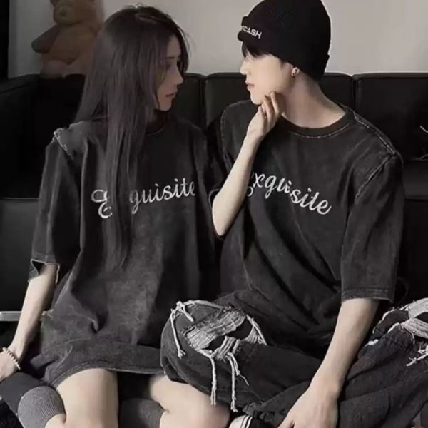 【2点セット】カップルペアルック ウォッシュド加工 ヴィンテージ風Tシャツ