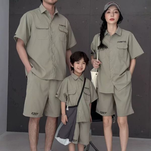 親子ペアルック カーキシャツ＆ハーフパンツの夏コーデセット