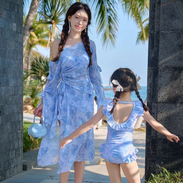 親子ペアルック 水彩ブルーフラワー水着