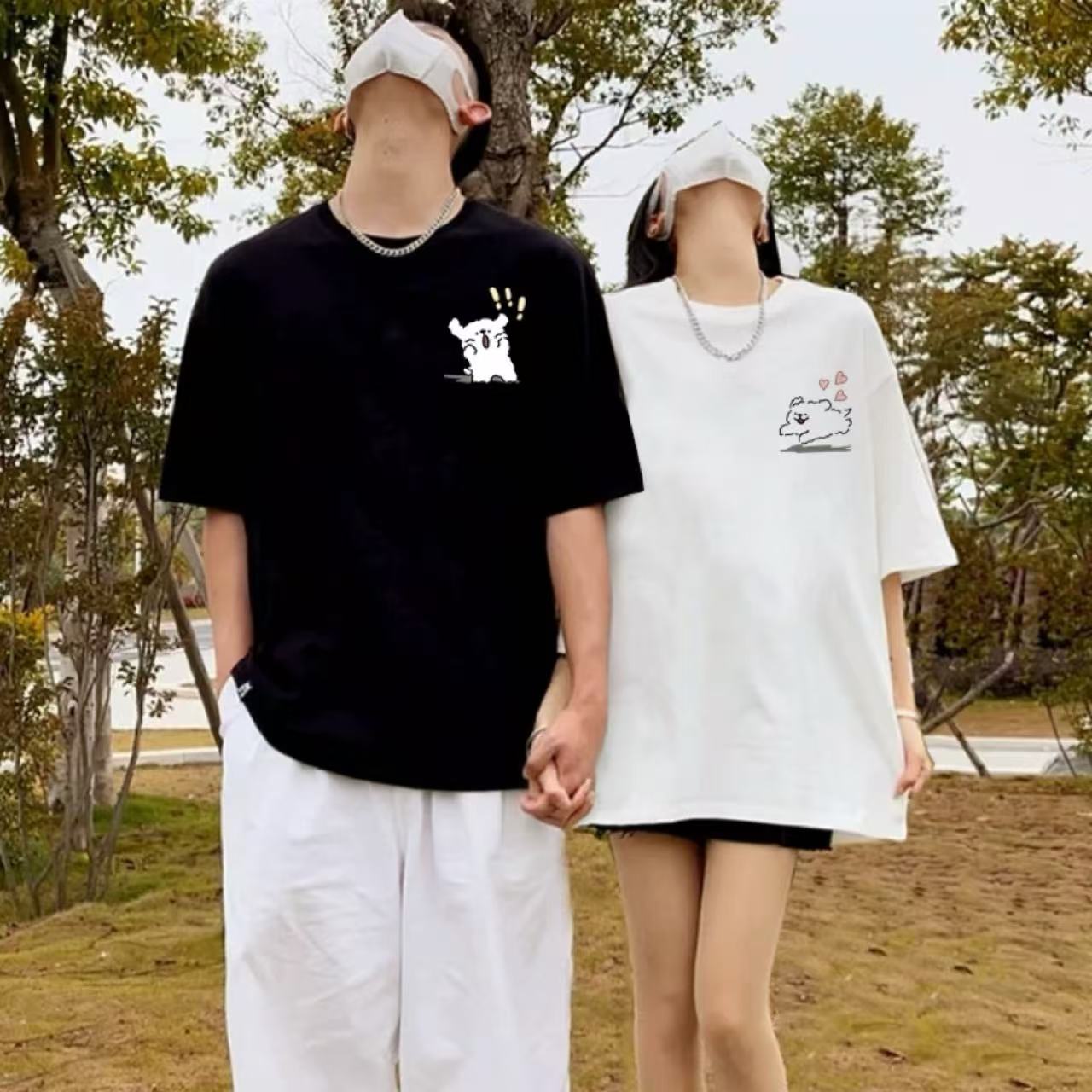 カップルペアルック 犬とハートのアートラインTシャツセット