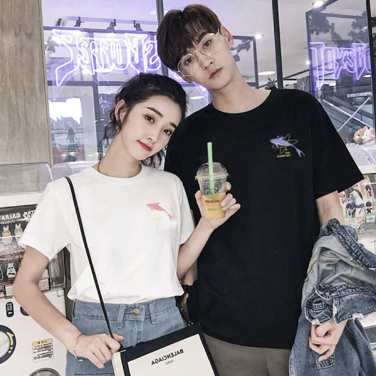 カップルペアルック 月夜にきらめく イルカTシャツ