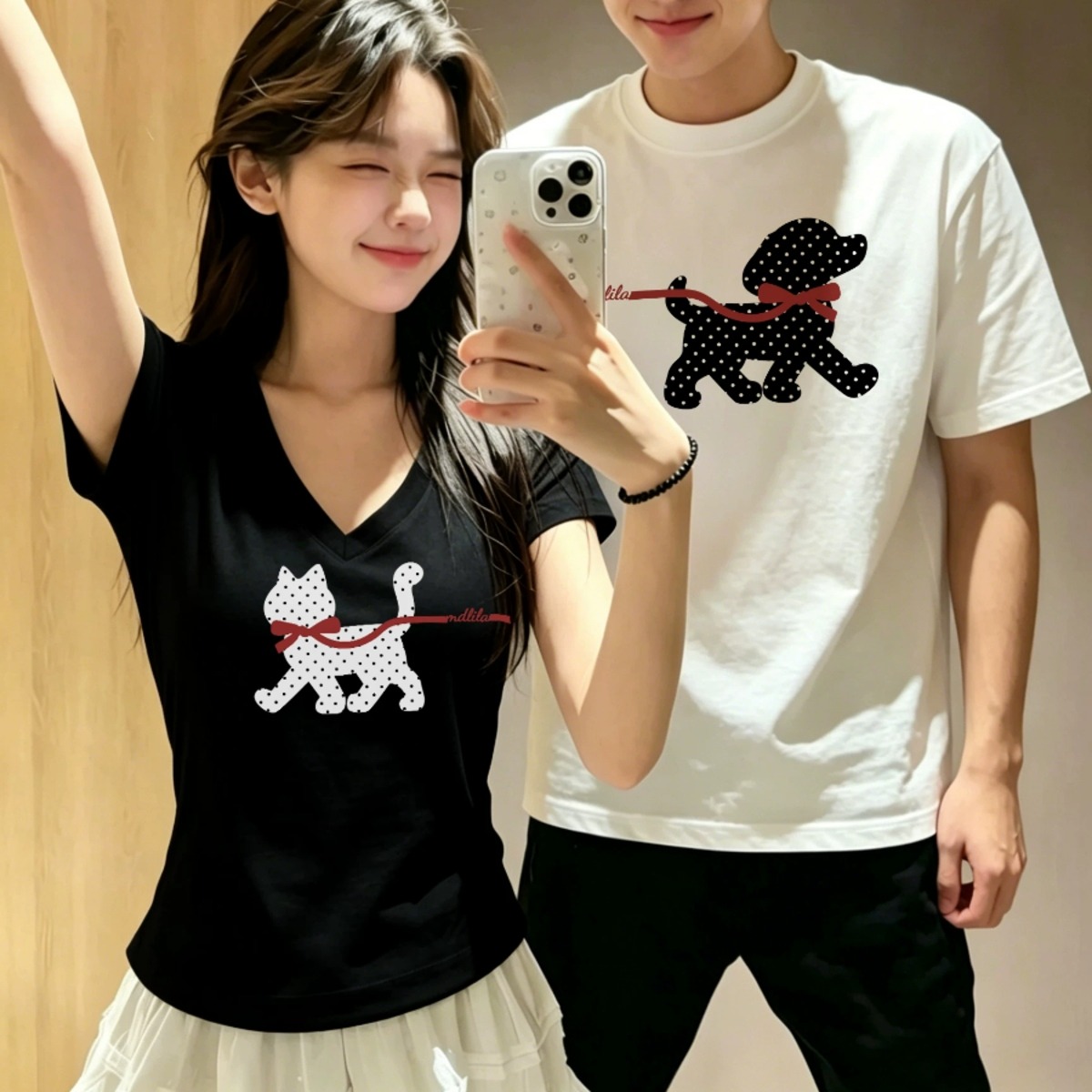 【2点セット】カップルペアルック ドットアニマル お散歩Tシャツ