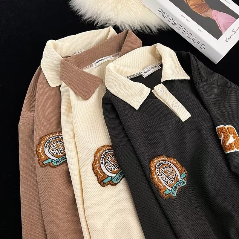 カップルペアルック カレッジ風ワッペン ワッフル長袖ポロシャツ