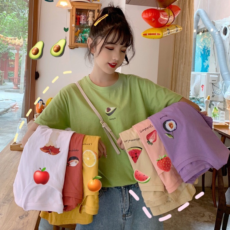 ペアルック フルーツプリント半袖Tシャツ