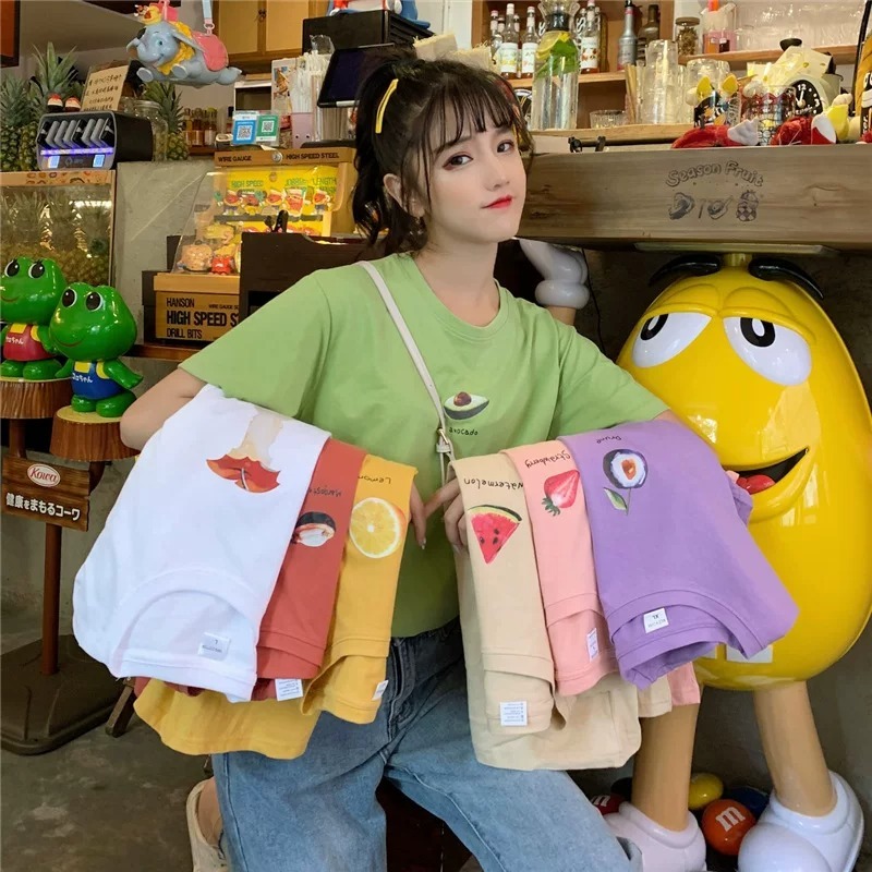ペアルック フルーツプリント半袖Tシャツ