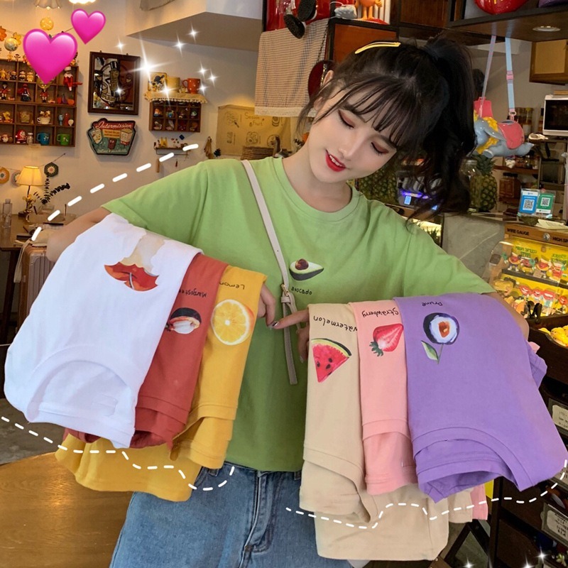 ペアルック フルーツプリント半袖Tシャツ
