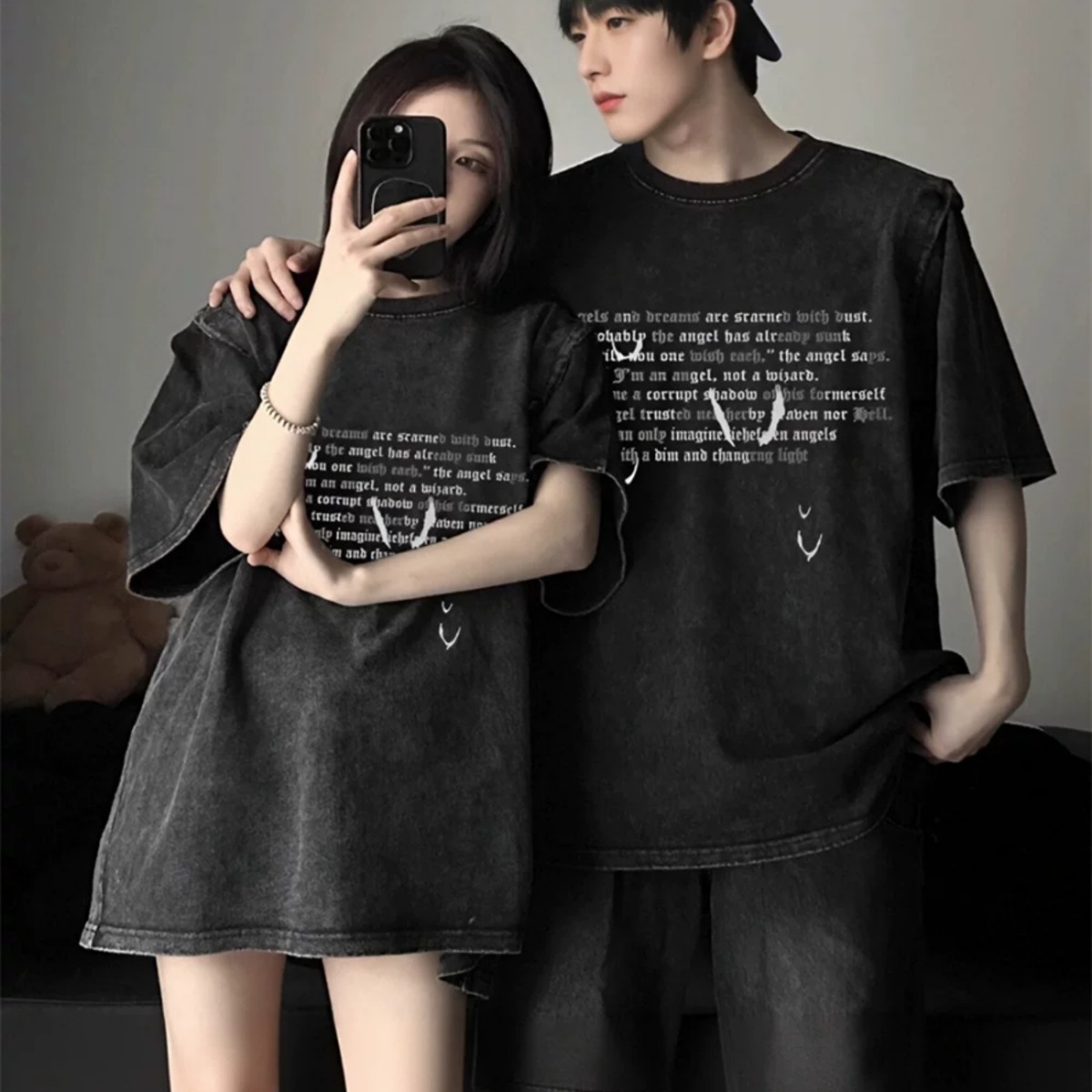 【2点セット】カップルペアルック 英字デザイン ヴィンテージ風Tシャツ